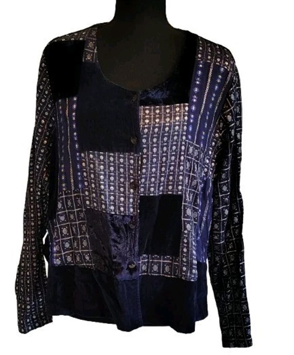 Vintage April Cornell Velvet Patchwork Jacket Shacket mixed media Boho M blue